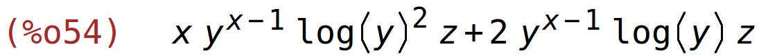 (%o54)	x*y^(x-1)*log(y)^2*z+2*y^(x-1)*log(y)*z